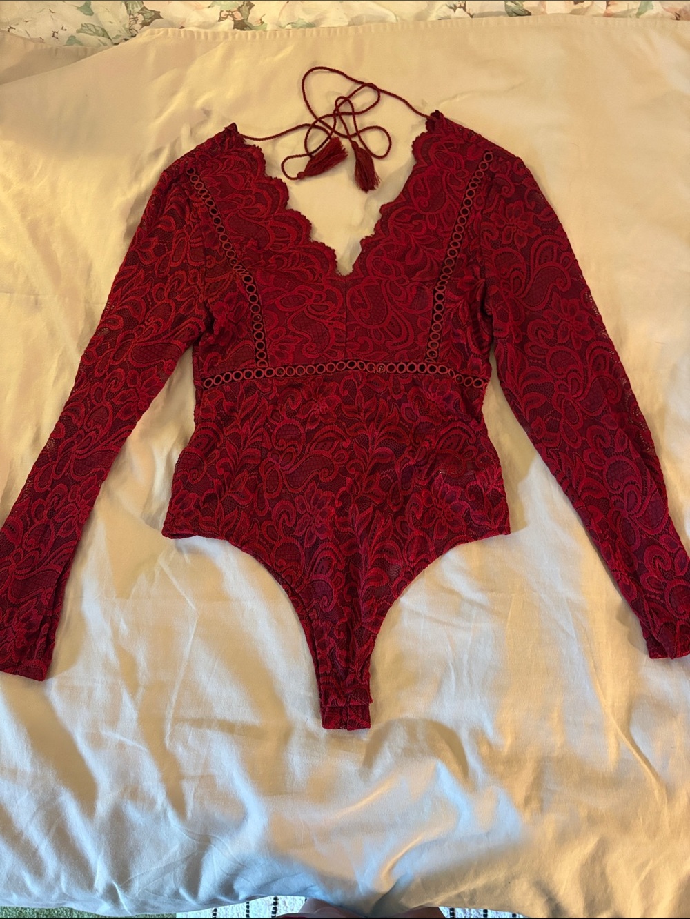 Burgundy Red Lace Long-Sleeve Bodysuit